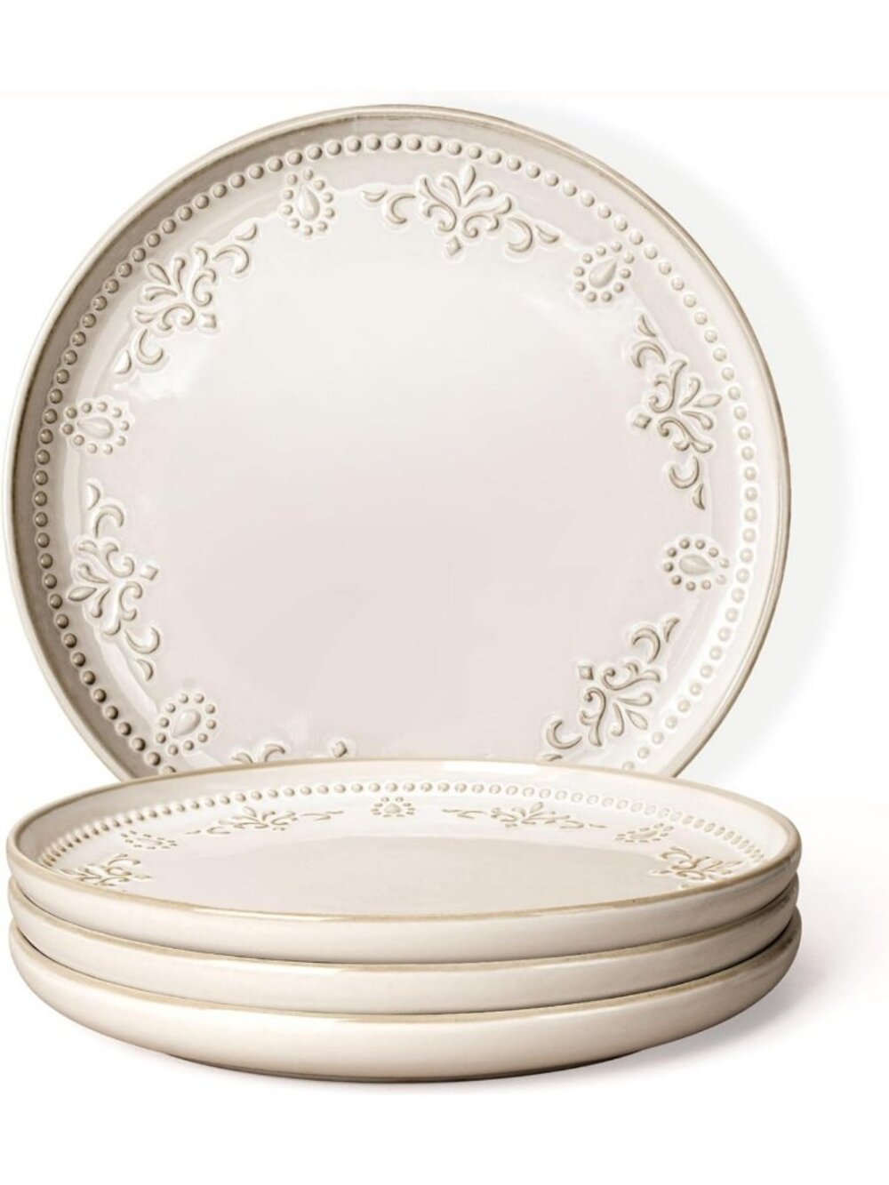 Set of 4 Large Embossed Ceramic Dinner Plates - 10.75 Inch, Lipped Edges